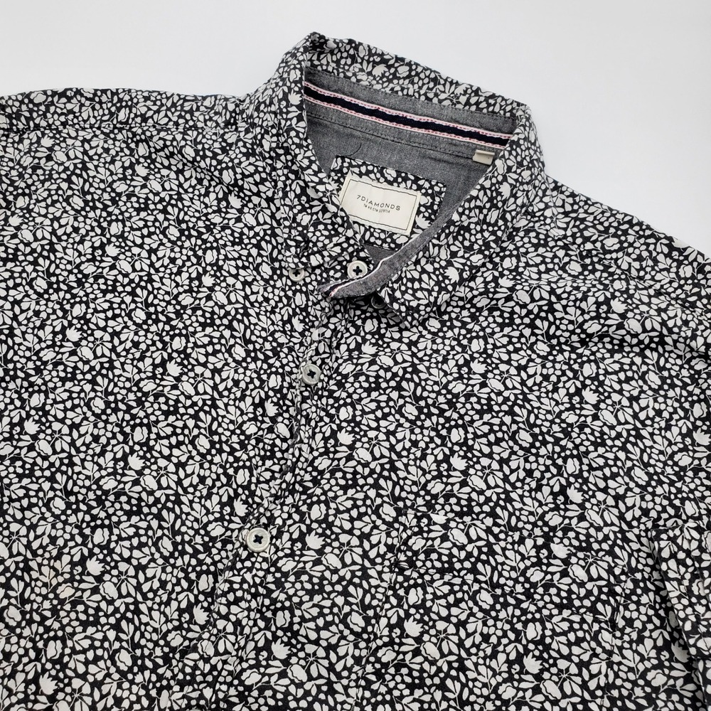 7Diamonds Mens Black White Floral Micro Print Short Sleeve Button Down Shirt L